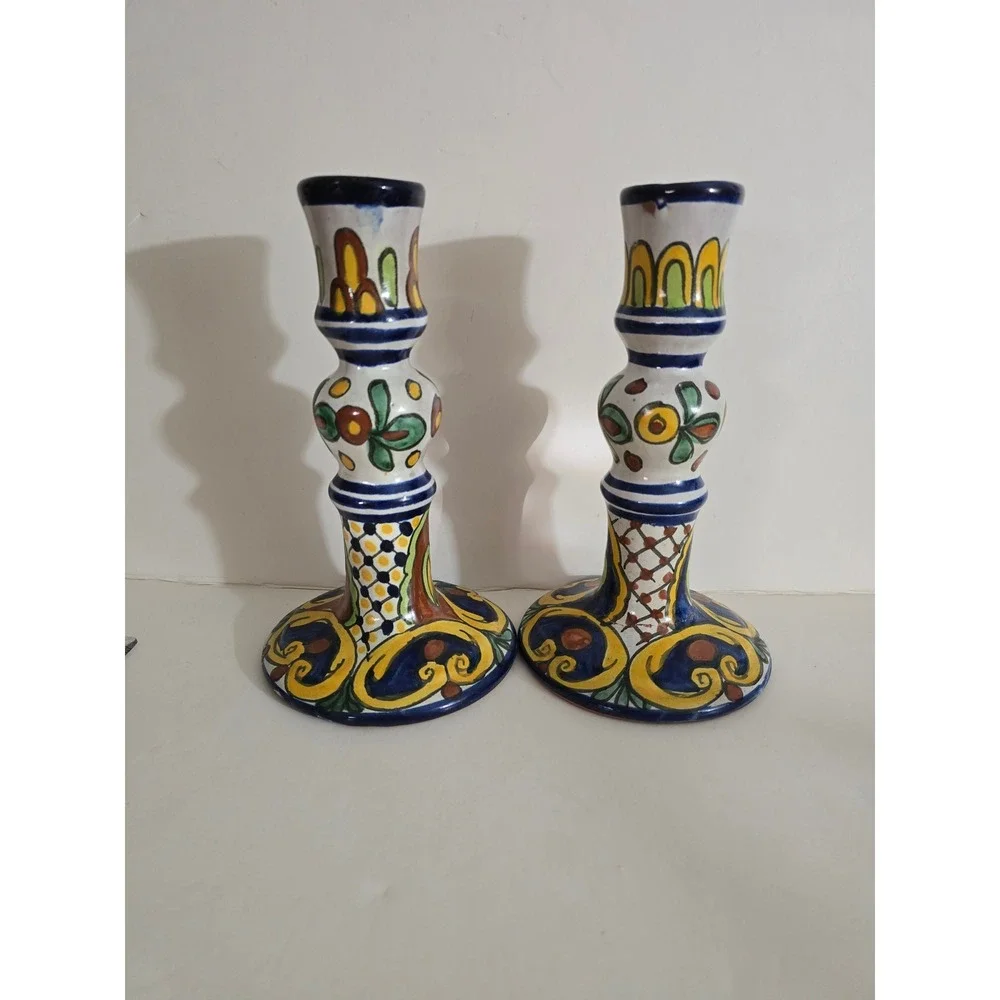 Vintage Hand Painted Ceramic Candlestick Holders Set of 2 Majolica Style‎ 7.5